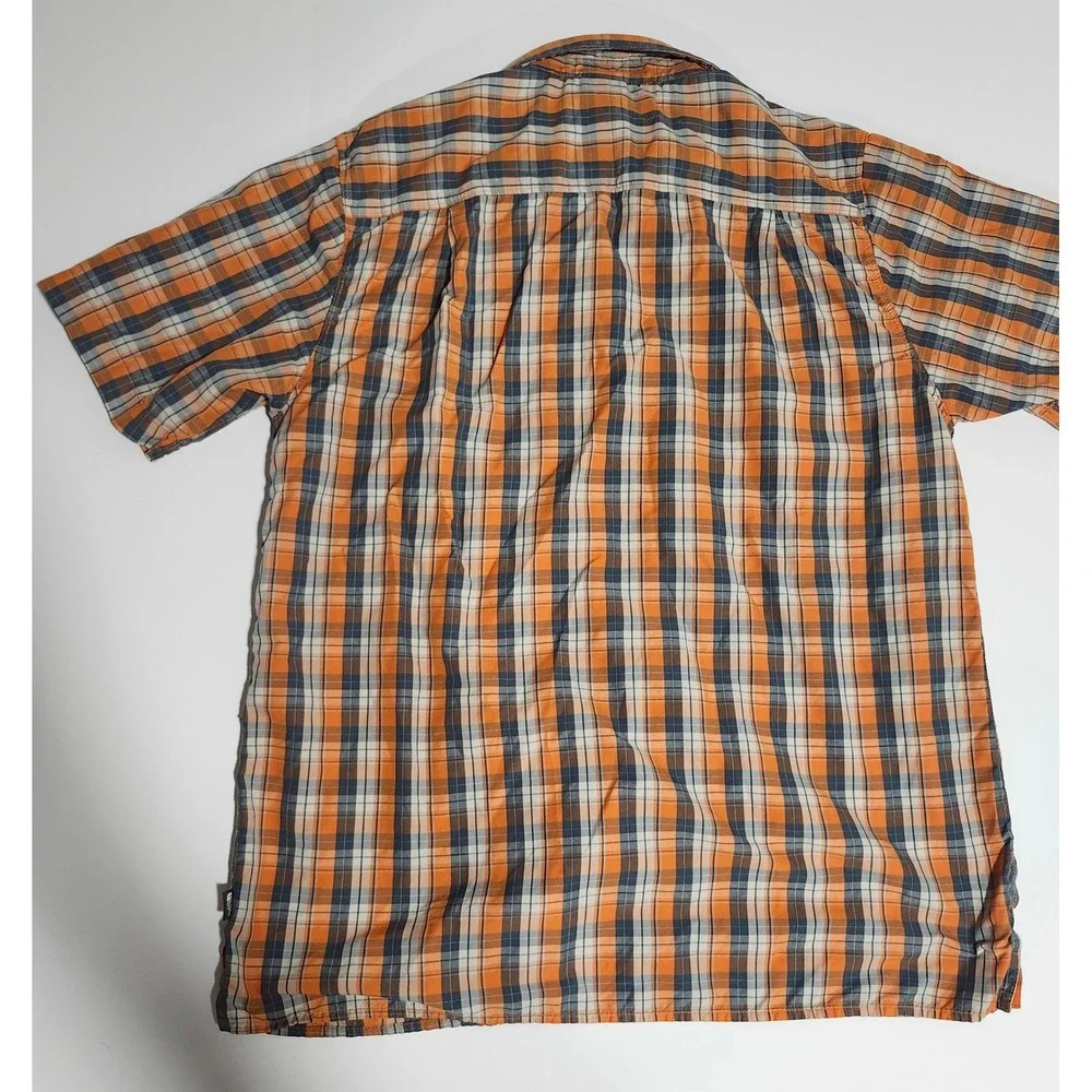 The North Face Mens Shirt Plaid Short Sleeve Button Shirt orange blue white